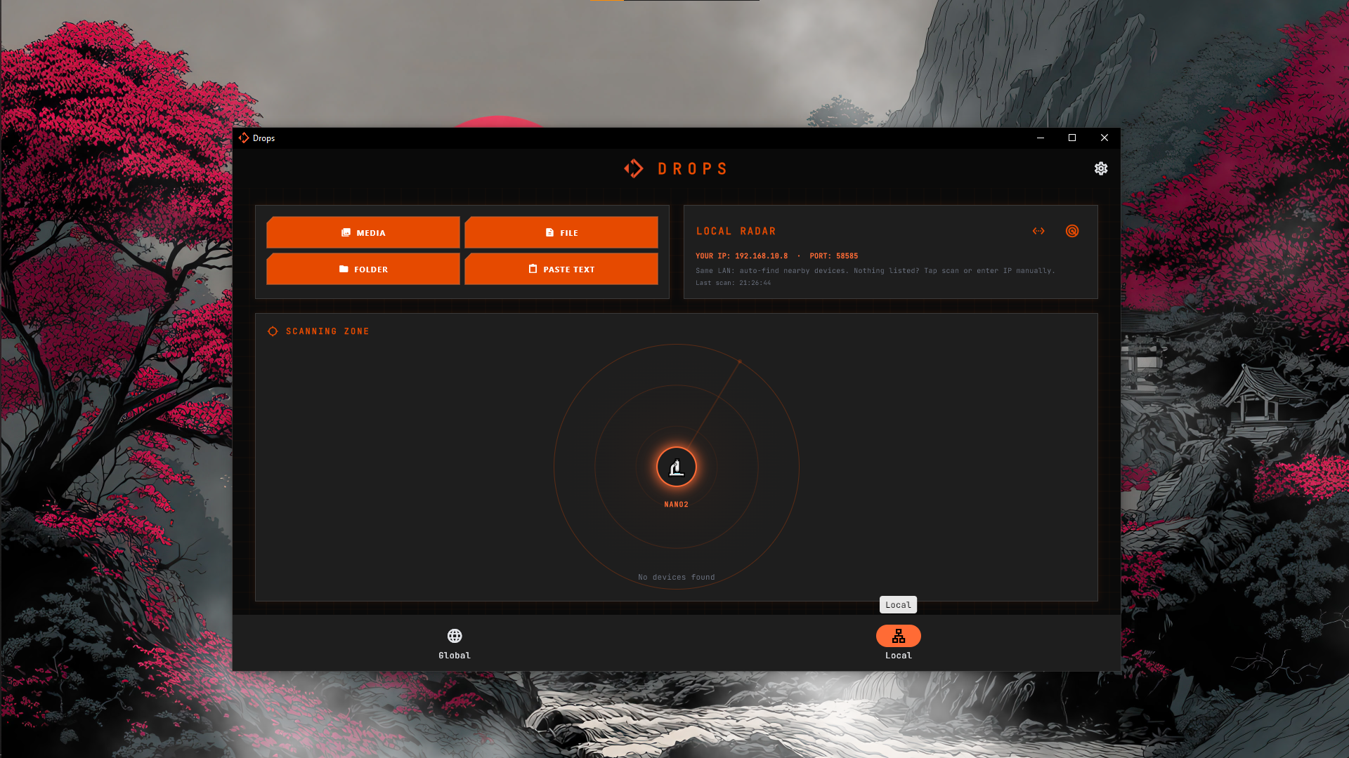 Drops desktop app: local radar, scanning zone, and actions for media, files, folders, and paste.