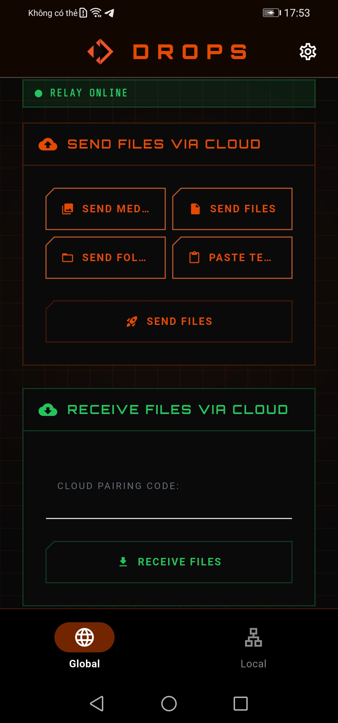 Drops mobile app: Global Send and Global Receive with Internet mode.